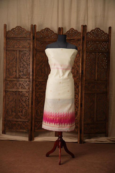 Everyday Elegance White & Pink Muga Cotton Unstitched Suit Set